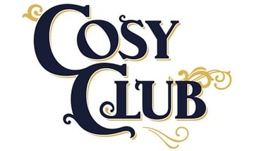 Illustration of the words "Cosy Club" in large, ornate black and gold letters, with decorative flourishes around the letters