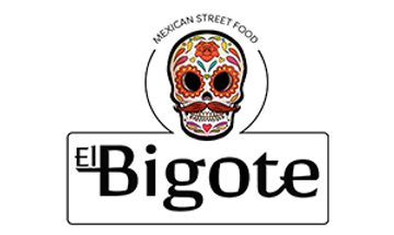 A colourful Day of the Dead sugar skull with a mustache, with the words "Mexican Street Food El Bigote" above and below the skull, on a white background