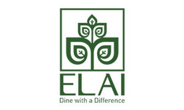 A green logo with the words "ELAI Dine with a Difference" under an illustration of leaves, on a white background