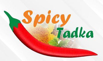 Logo for Spicy Tadka. A red chilli pepper is in the centre, with the words "Spicy Tadka" in orange and green text above