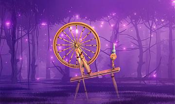 A spinning wheel in a purple misty forest with glowing purple orbs